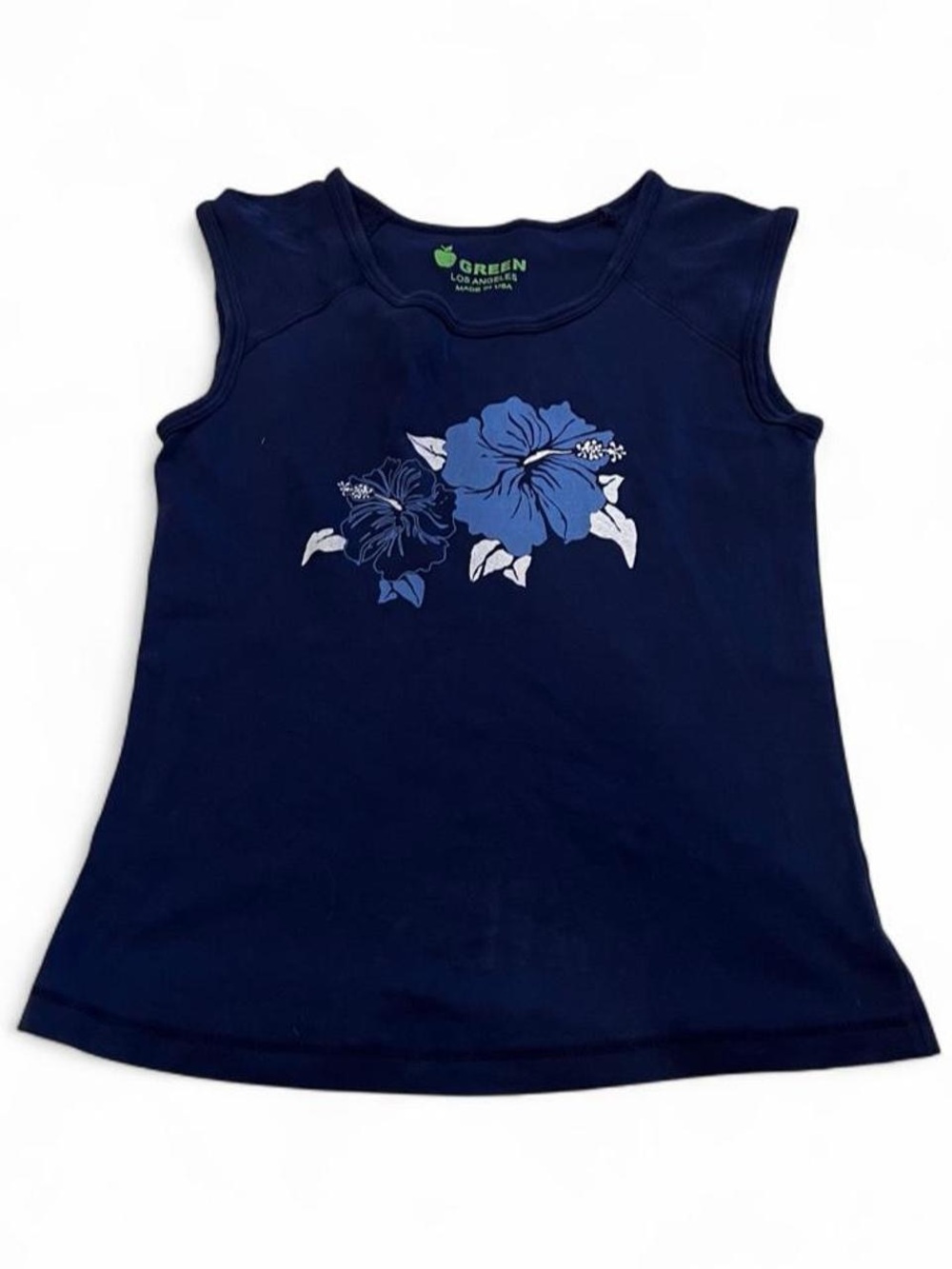 Green Apple LA blue floral tank top with white/blue hibiscus flowers - Small
